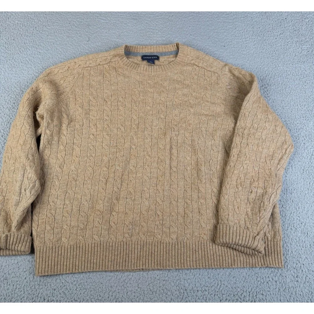 LANDS END Merino Wool Blend Sweater Mens XL Brown Cable Knit Pullover Crewneck